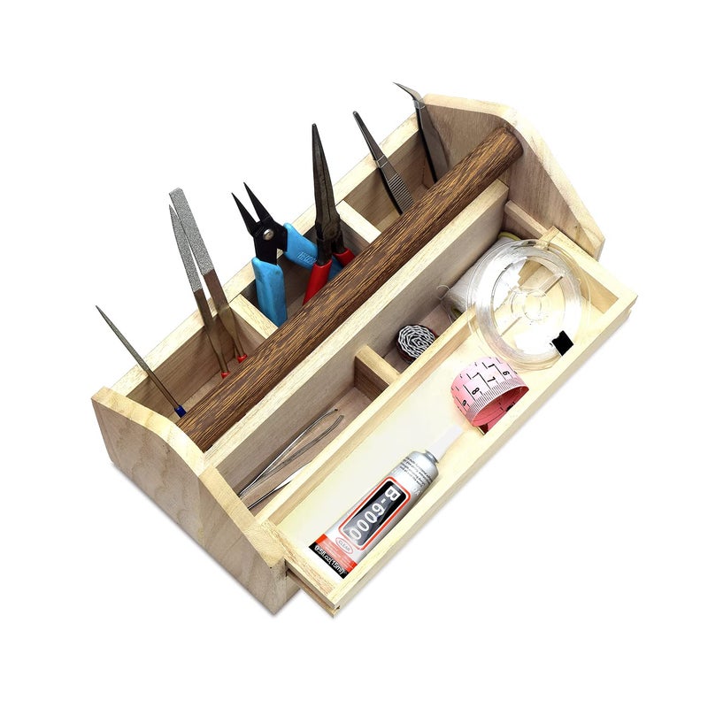 Ikee Design Small Natural Wood Color Wooden Craft Tool Box Caddy with a Handle for Storage Tool, Makeup, Collections with 5 Compartments for Storage and Organizing, 10 W x 5.1 D x 3.5 H in - Image 4